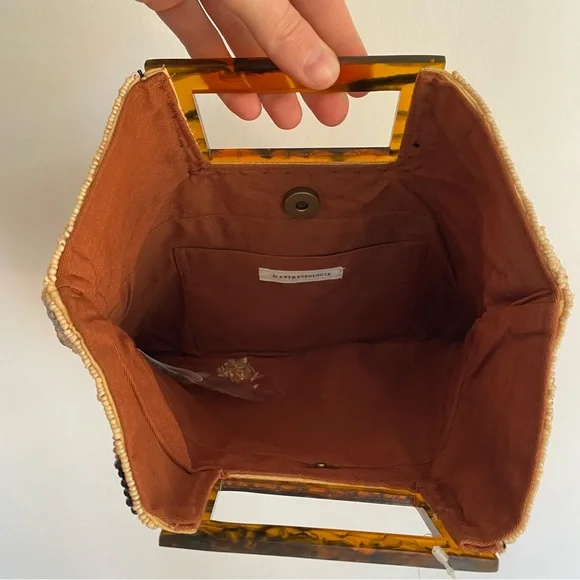 NWT Anthropologie Geometric Beaded Clutch in Beige Acrylic Handle Brown Black - Picture 6 of 11